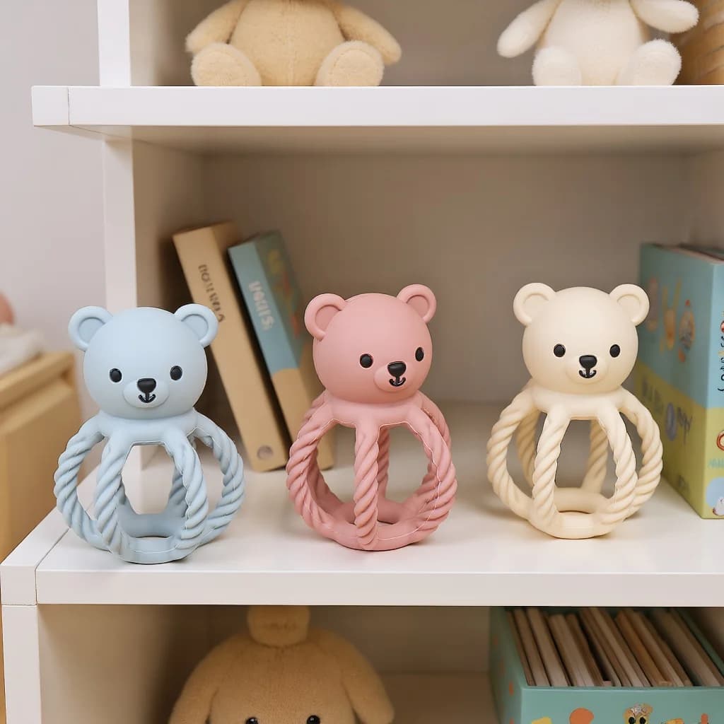 Bear Rattle Teether Baby Teething Toy Food-grade Silicone Chewable Teething Toy Teething Rattle Sensory Toy 0-12 Months Baby Toy
