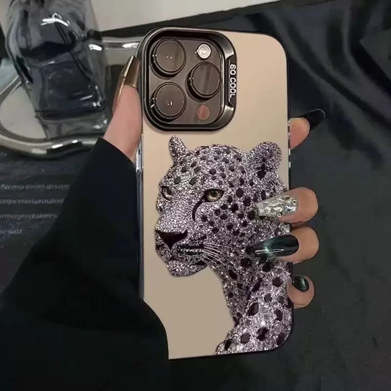 IMD Holographic Silver Phone Case For iPhone 18 17 16 15 14 13 12 Pro XS Max X XR Plus Mini Air Diamond Leopard Print Back Cover