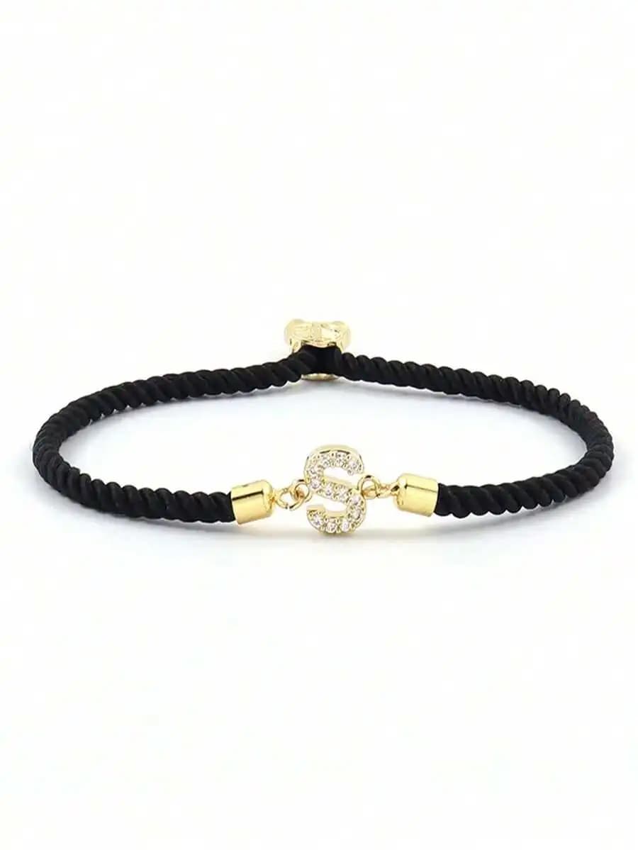 Fashion Adjustable Rope Bracelet With Cubic Zirconia Initial Letter Charm For Women