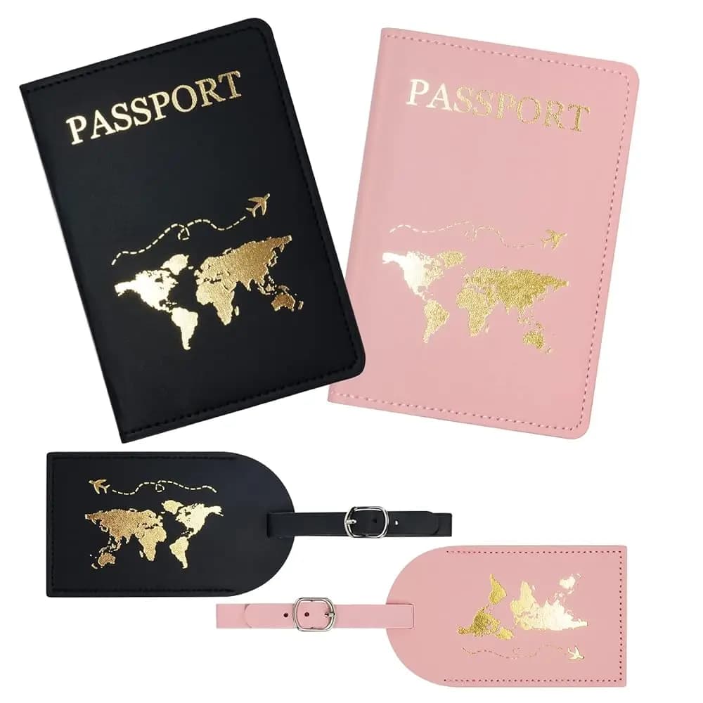 Copri Passaporto e Etichette per Bagagli, 2 Etichette per Bagagli + 2 Porta Passaporto, Accessori da Viaggio in Pelle, Targhette Identificative e C