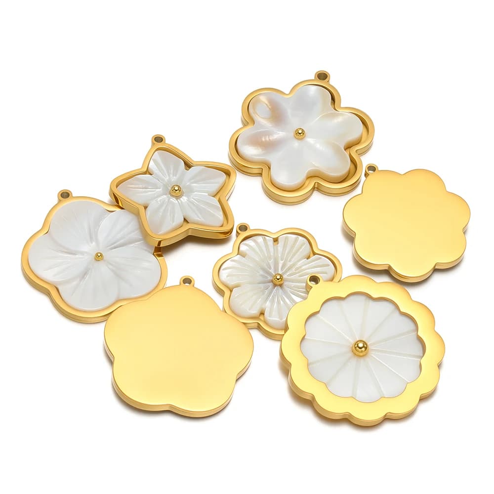 3 flat white shell pendants with stainless steel flowers for women's jewelry diy, necklace results, earrings, pendants, production supplies