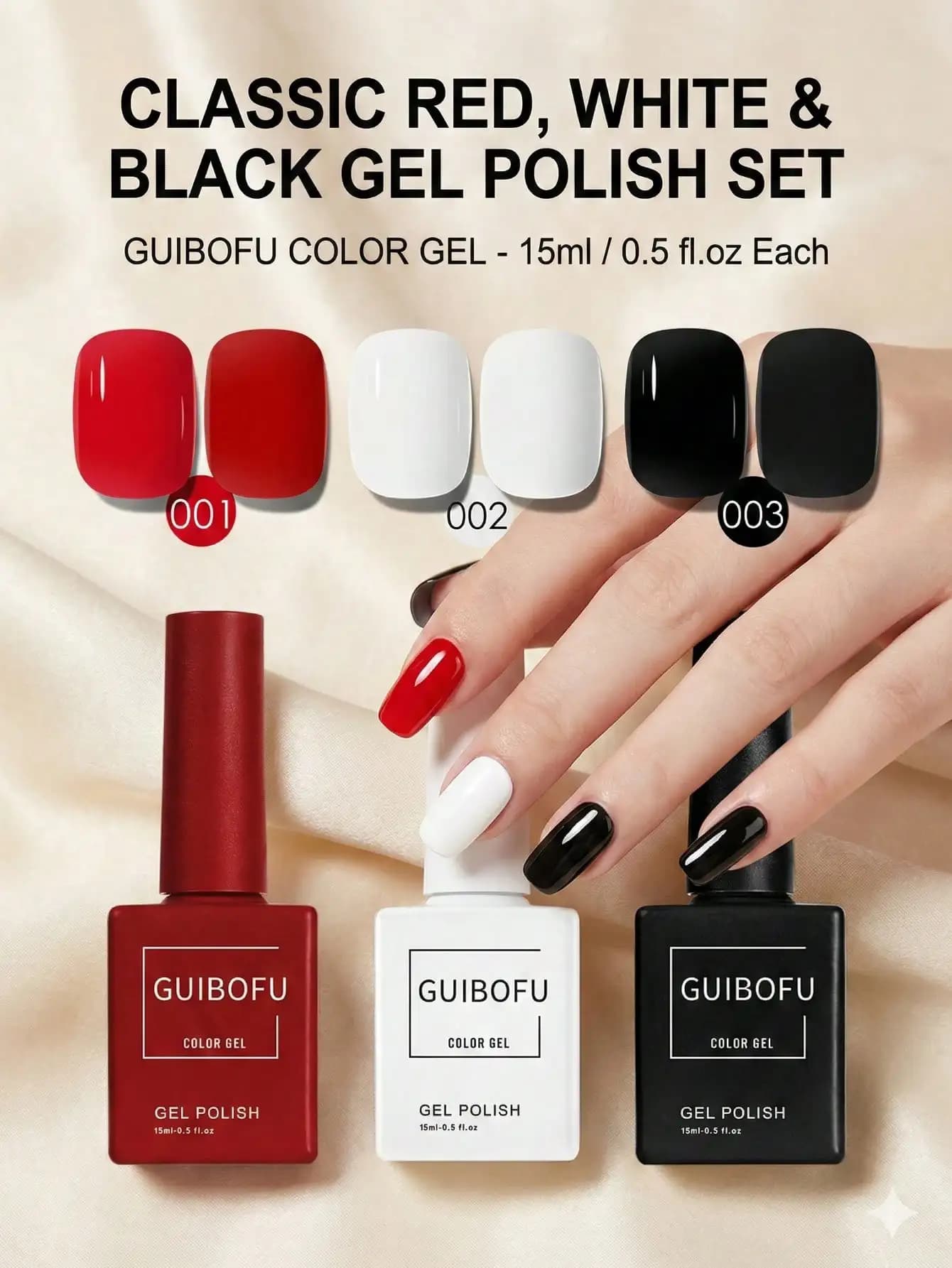 Set da 3 pezzi di smalto gel classico in tinta unita da 15 ml, rosso, bianco, nero, set per manicure semipermanente con design UV LED
