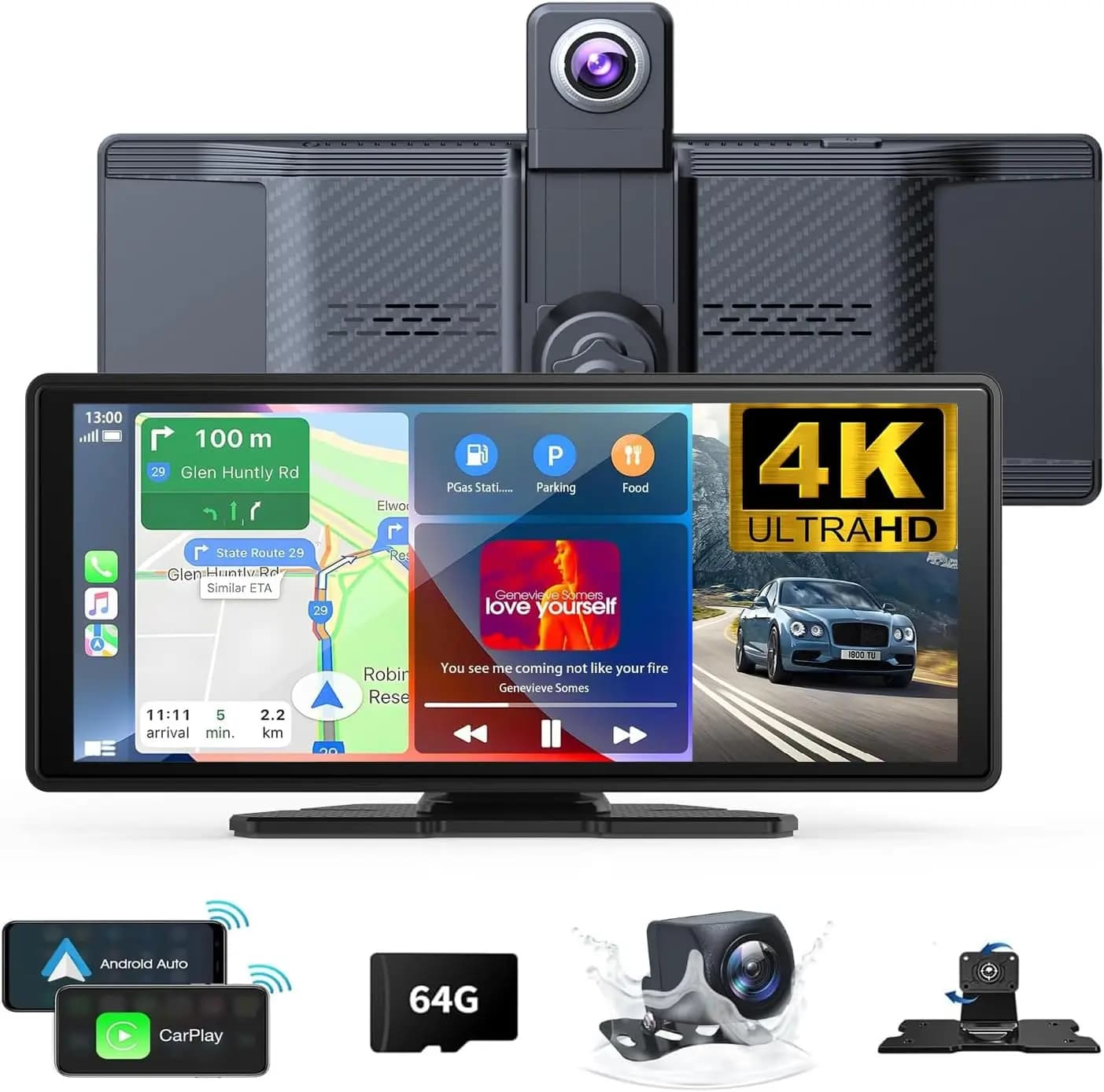 Schermo Wireless CarPlay per Auto 10.26' 4K Rotazione 360° Dash Cam CarPlay e Android Auto Stereo Auto 1080p Telecamera di Retromarcia GPS