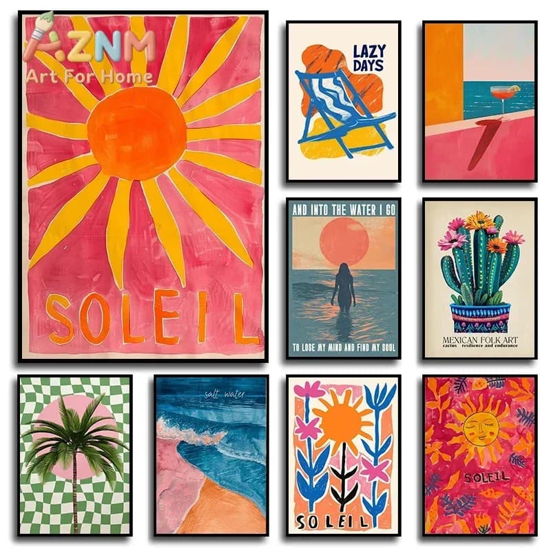 Abstract Colourful Sun Ocean Palm Tree Landscape Cactus Poster And Prints Canvas Printing Wall Picture For Living Room Decor