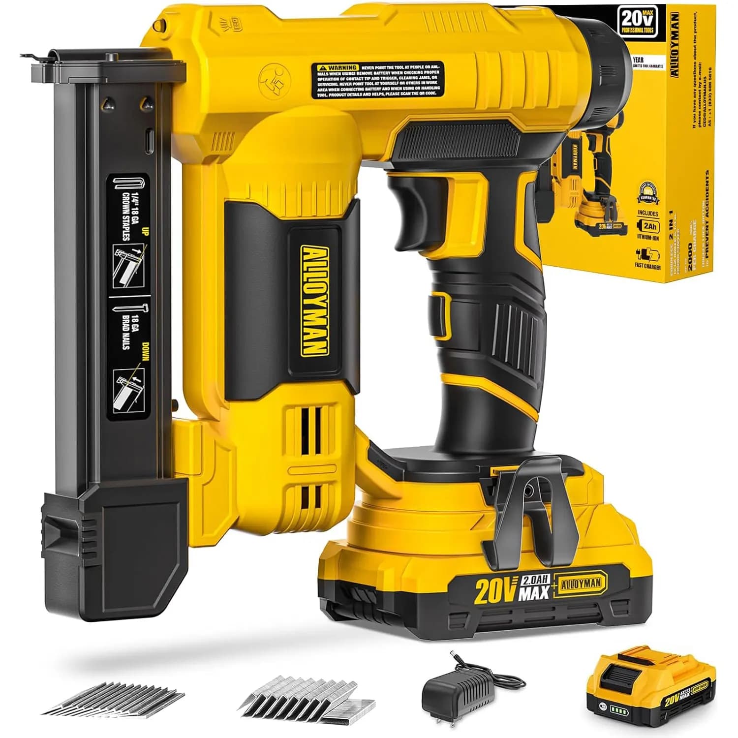 Pistola sparachiodi calibro 18 alimentata a batteria, chiodatrice/cucitrice elettrica senza fili 2 in 1 con batteria da 2,0 Ah e caricabatterie, chiodi da 1000 pezzi e