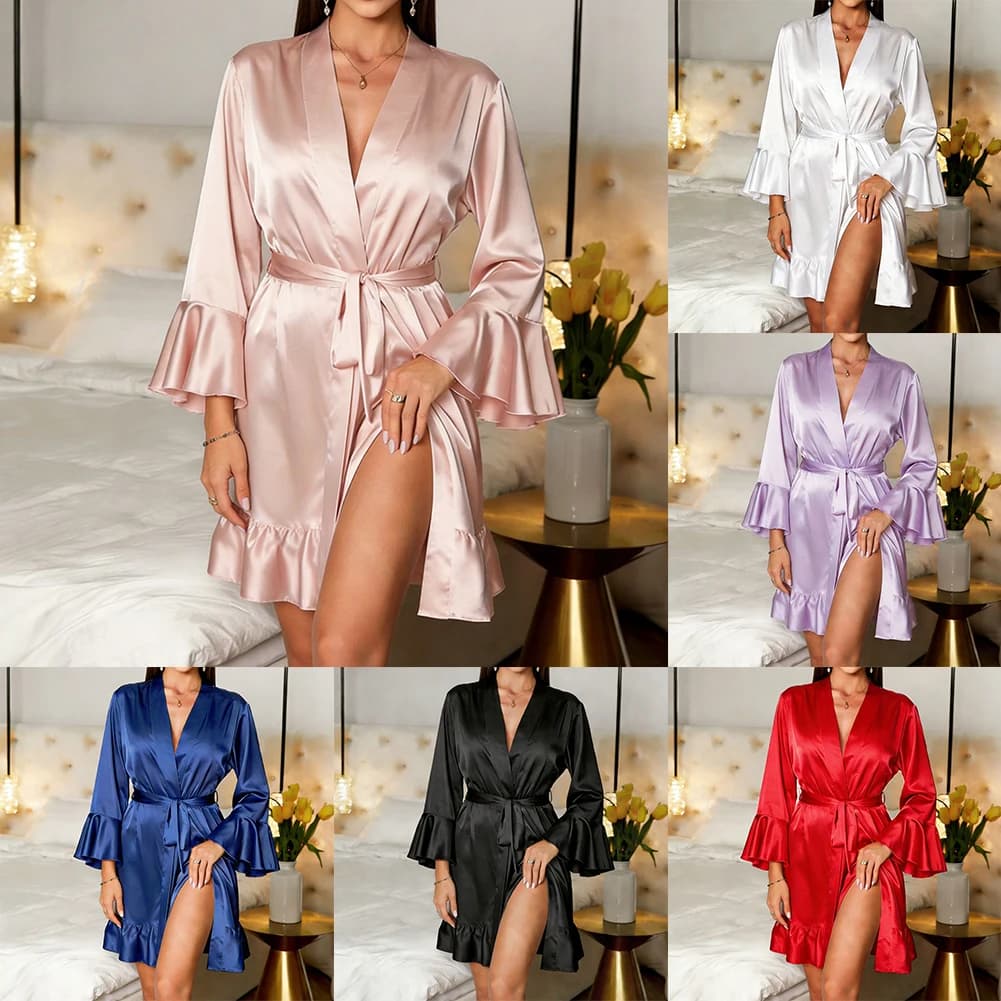 Vestaglia in Raso di Seta Kimono da Donna Sexy con Scollo a V Profondo e Pizzo, Camicia da Notte a Maniche Lunghe, Vestaglia da Sposa, Abbigliamento da Notte
