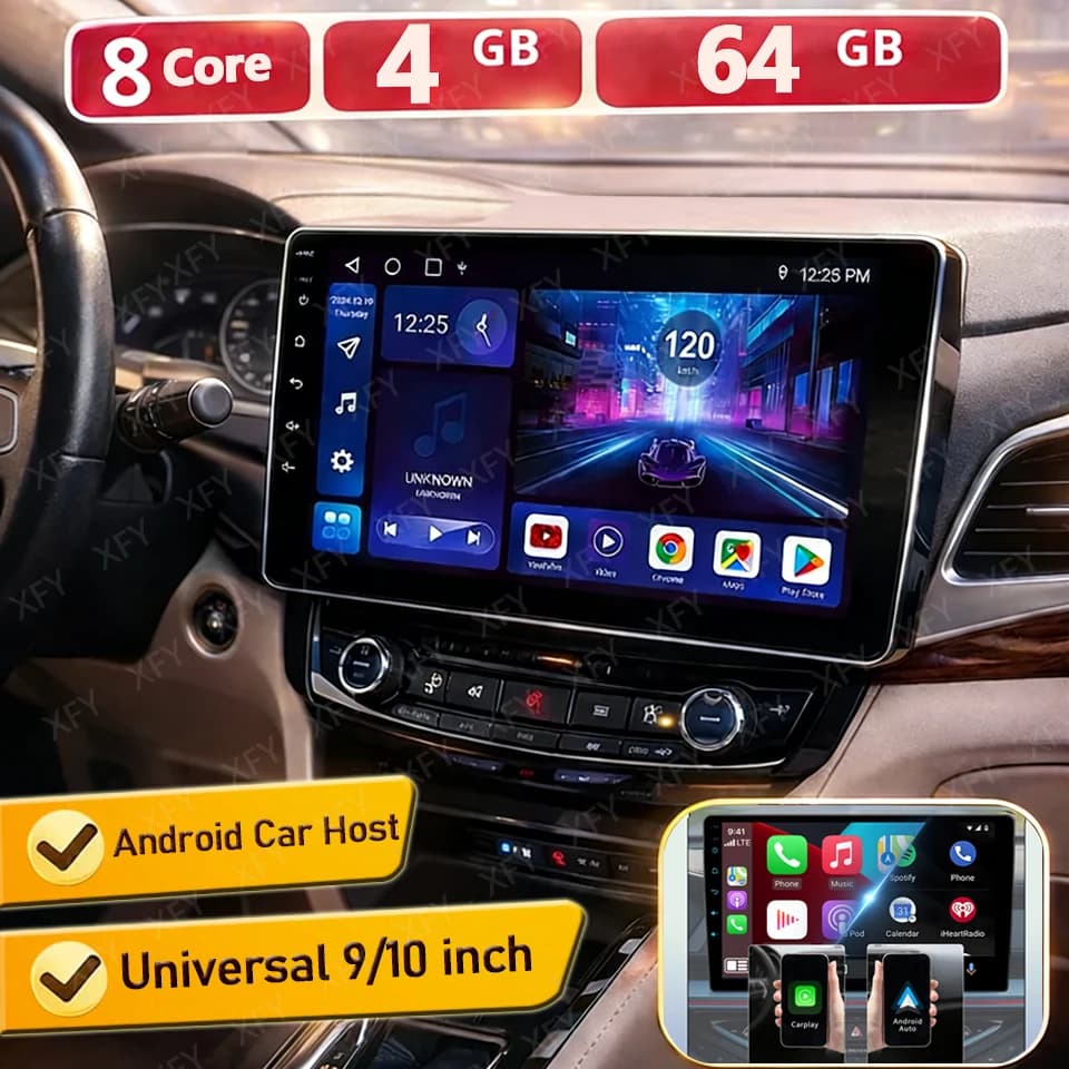 Autoradio Android XFY 2Din con Carplay e Android Auto, Schermo 9/10 Pollici, Lettore Multimediale Universale, DSP, AM, RDS, AHD, WIFI, GPS, 4 Core
