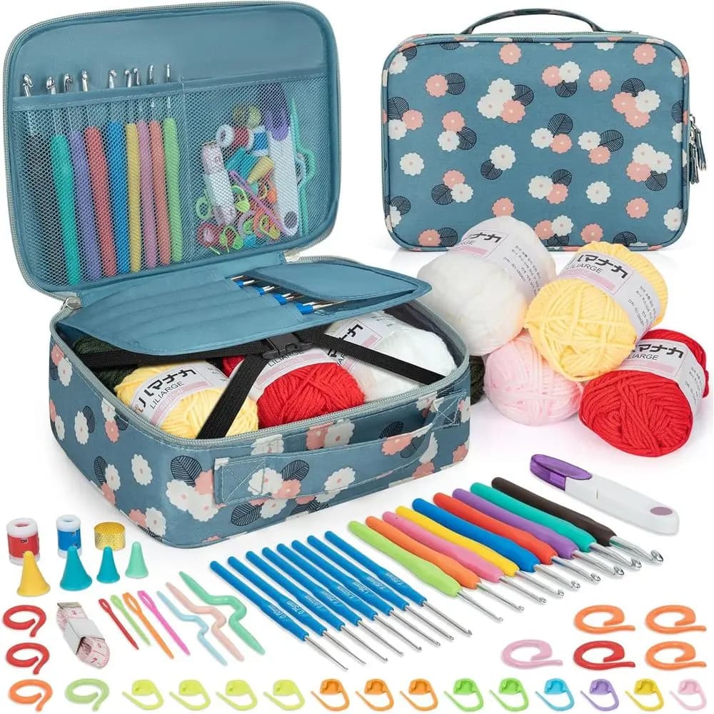 Kit per Uncinetto per Principianti Adulti da 59 Pezzi: Include Filati, Uncinetti, Strumenti per Lavori Portatili e Progetti Vari in Blu