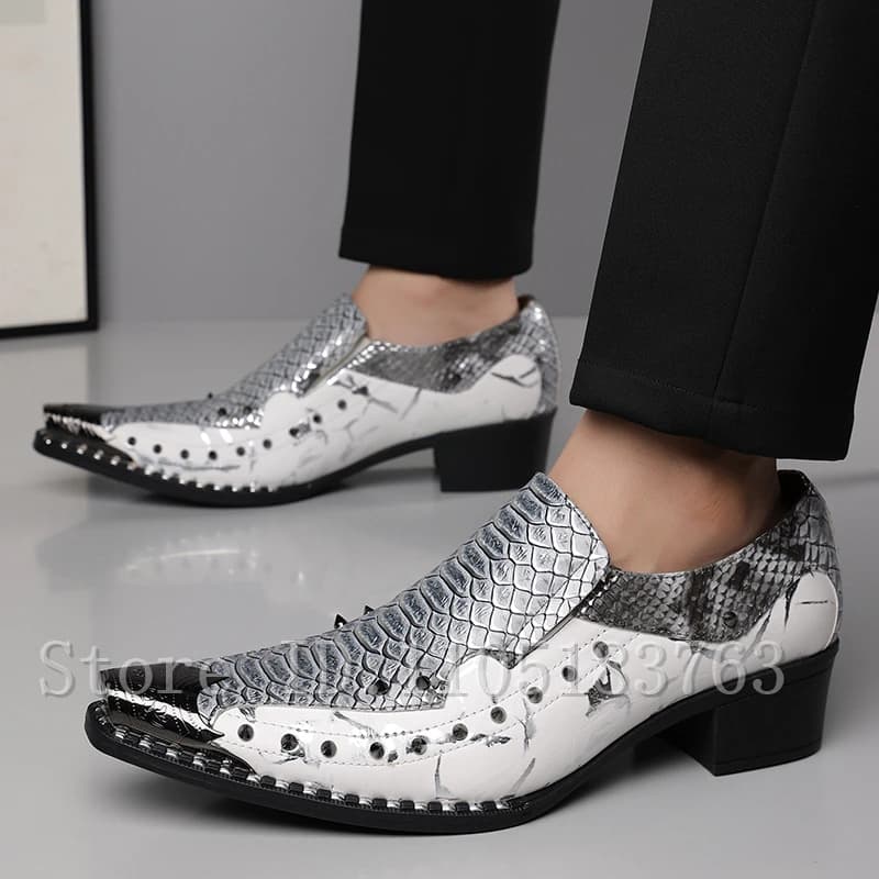 Men Snake Skin Print Pointed Toe Loafers Rivet Studded Color Block Chunky Heel Party Wedding Formal Fashion Dress Shoes