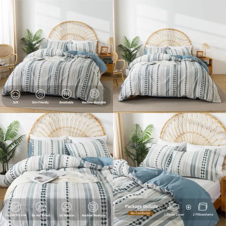 Set Copripiumino in Cotone Lavato - Biancheria da Letto Boho Chic con Puntini Trapuntati per Tutte le Stagioni, Biancheria da Letto a Righe con Pompon Effetto Lino