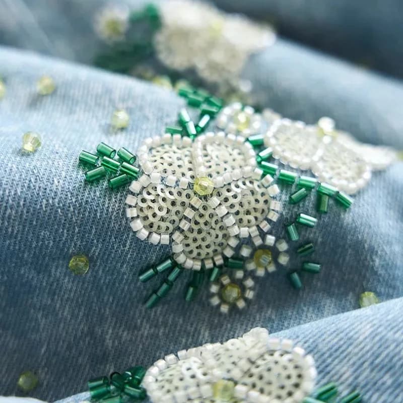 Tessuto denim lavato da 1 metro con perline, paillettes, ricamo, tessuto di design con perline per patchwork, borsa fai da te, giacca, gilet, materiale in tela