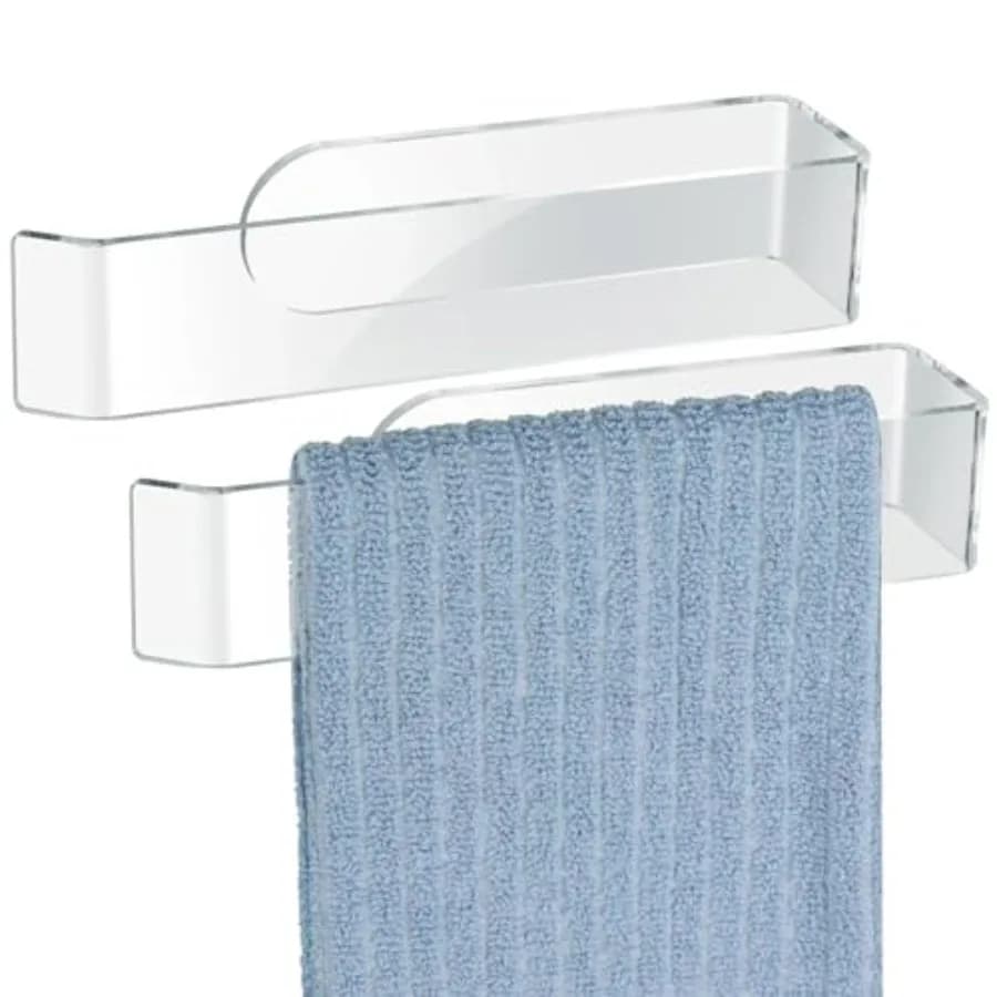 Wall Mount Clear Acrylic Hand Towel Racks 2-Pack for Towels, Accessories in Bathroom, Kitchen, Bedroom - Adhesive Towel Bar Han