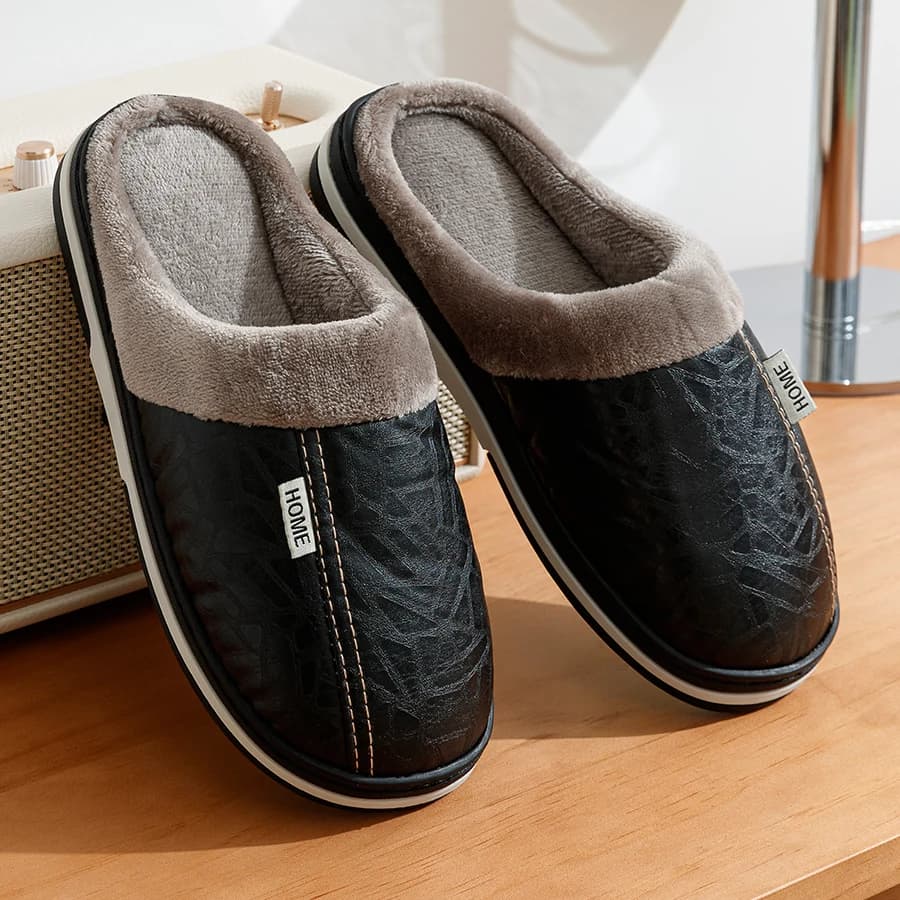 Men's Slippers Leather PU Large Size Winter Home Slippers Women's Flat Fur Waterproof For Interior Cotton Bedroom Shoes