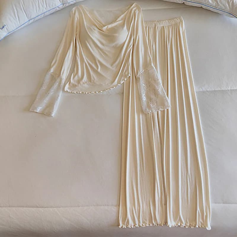 Elegante Nuovo Modale Pigiama da Donna Set Pettorina con Scollo a V Camicia a Maniche Lunghe Pantaloni Set Indumenti da Notte in Pizzo Pigiama Femme Abiti per la Casa