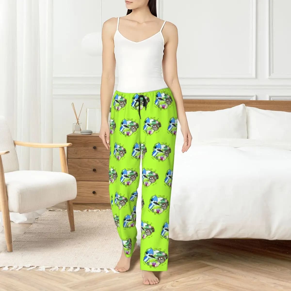 Custom R-Regular Show women's pajamas pants with fun cartoon print for nightwear with pockets