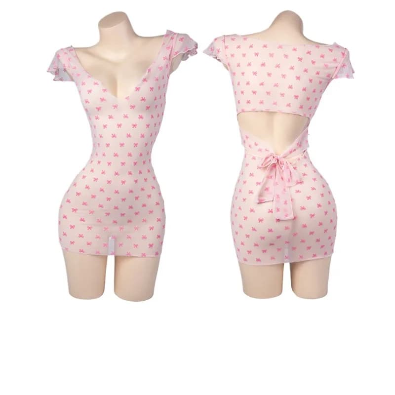 Abito sexy trasparente in tulle rosa con scollo a V profondo Abito da donna con fasciatura cava Camicia da notte con fiocco Biancheria intima per ragazza carina Abiti per giochi di ruolo Lingerie