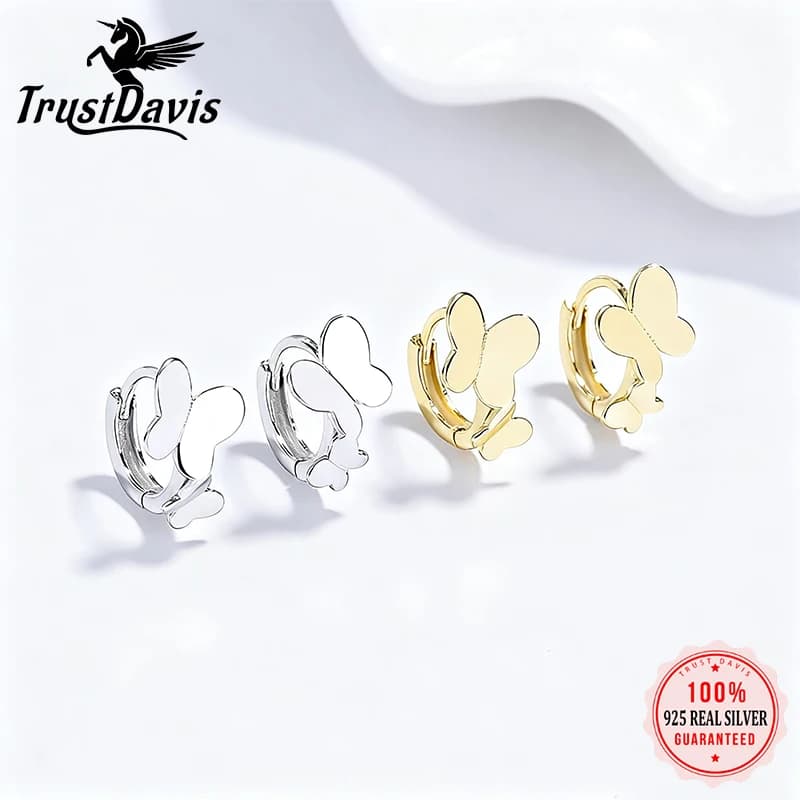 TrustDavis Orecchini a cerchio fini lisci con doppia farfalla in argento sterling 925 per accessori di gioielleria raffinata Compleanno da donna DA1997