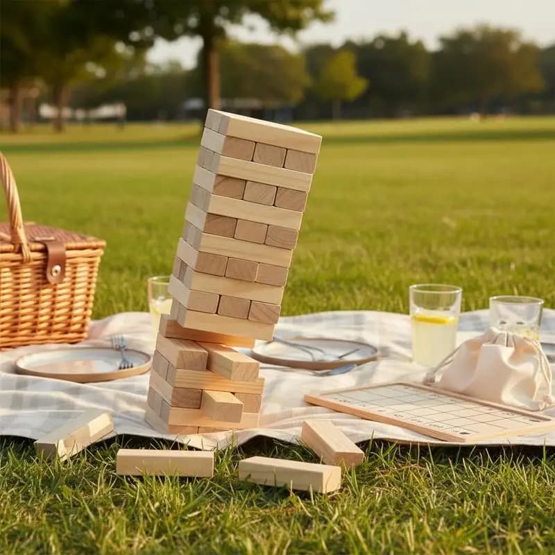 Spedizione Gratuita - Blocchi Impilabili in Legno di Pino, 54 Pezzi Medi, per Riunioni Familiari, Feste in Giardino, Picnic, Giochi da Interno ed Esterno