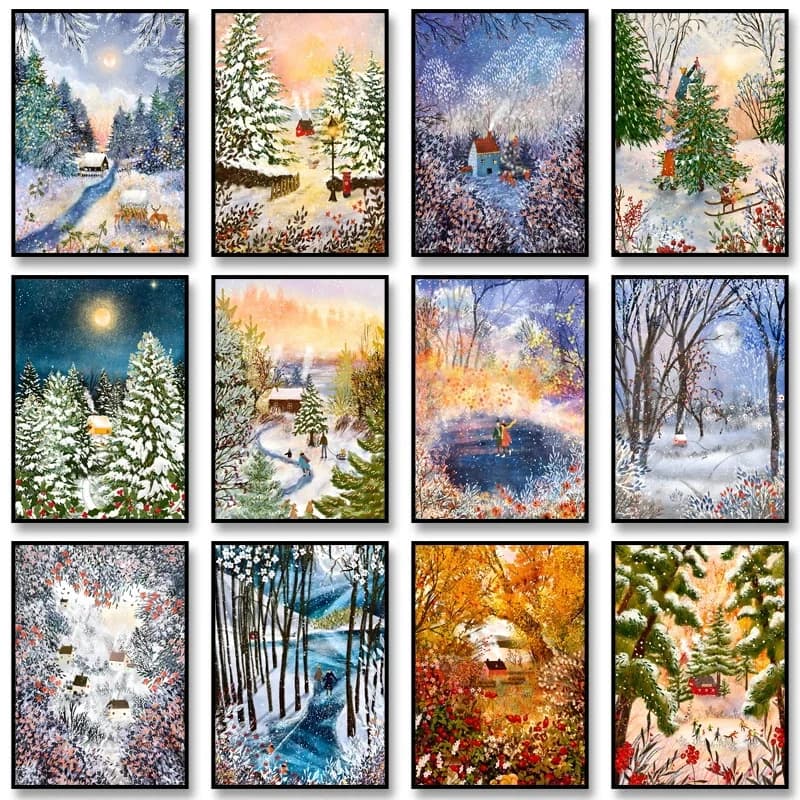 Stampa su Tela con Arte Naturale Autunnale e Invernale, Poster Illustrativo Raffinato, Dipinto su Tela d'Arte Estrema, Quadro da Parete per Arredamento Casa