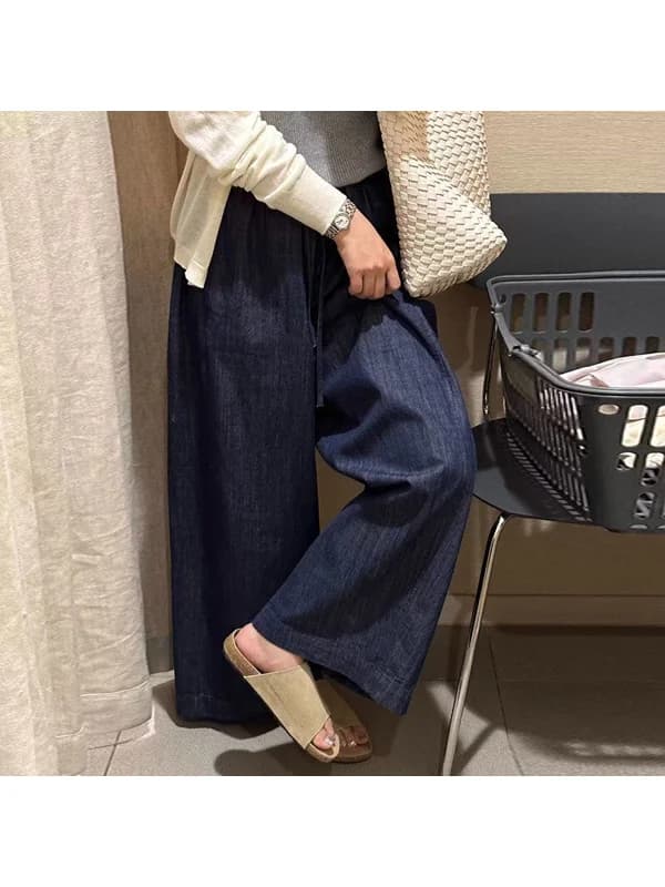 High Waist Straight Leg Linen Denim Jeans Women's Summer Thin Drawstring Wide Leg Pants plus Size Vintage Style Polyester Fiber