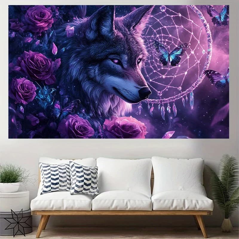 VIKAMA Purple Wolf Dreamcatcher Tapestry - psychedelic Flower Butterfly Wall Hanging Cloth Bedroom Living Room Dormitory Decor