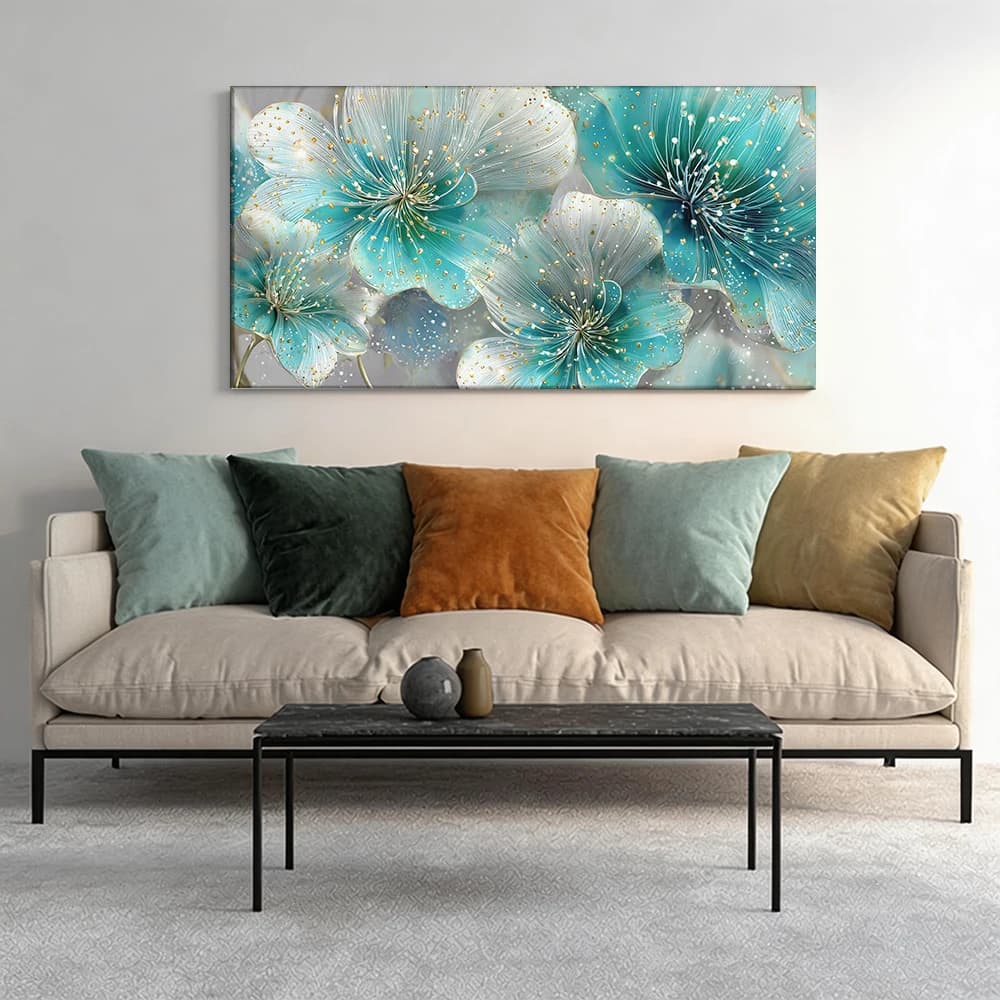 Painted on canvas with large wooden frame, 1 piece, turquoise flowers, golden accents.