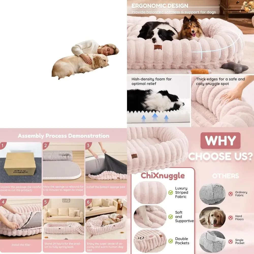 Lussuoso Letto per Cani in Finta Pelliccia Rosa a Righe con Schiuma Ortopedica e Coperta Calda, 72x40x10