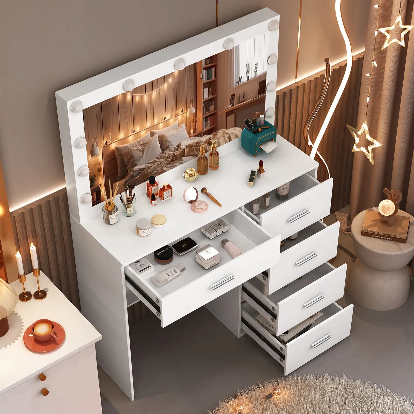 Toeletta Vanity Makeup Desk con 11 lampadine a LED, specchio e 5 cassetti per camera da letto