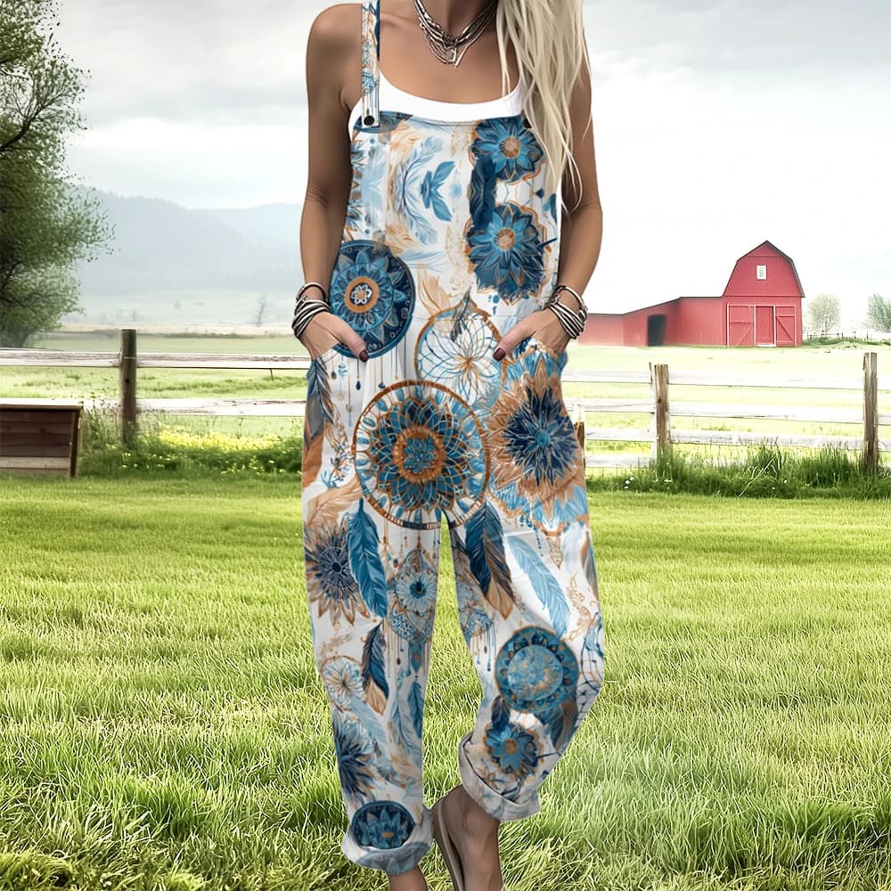 Bohemian Feather & Dreamcatcher Overalls for Women Loose Fit Casual Romper Summer Vacation Casual Jumpsuit Hip Hop Streetwear