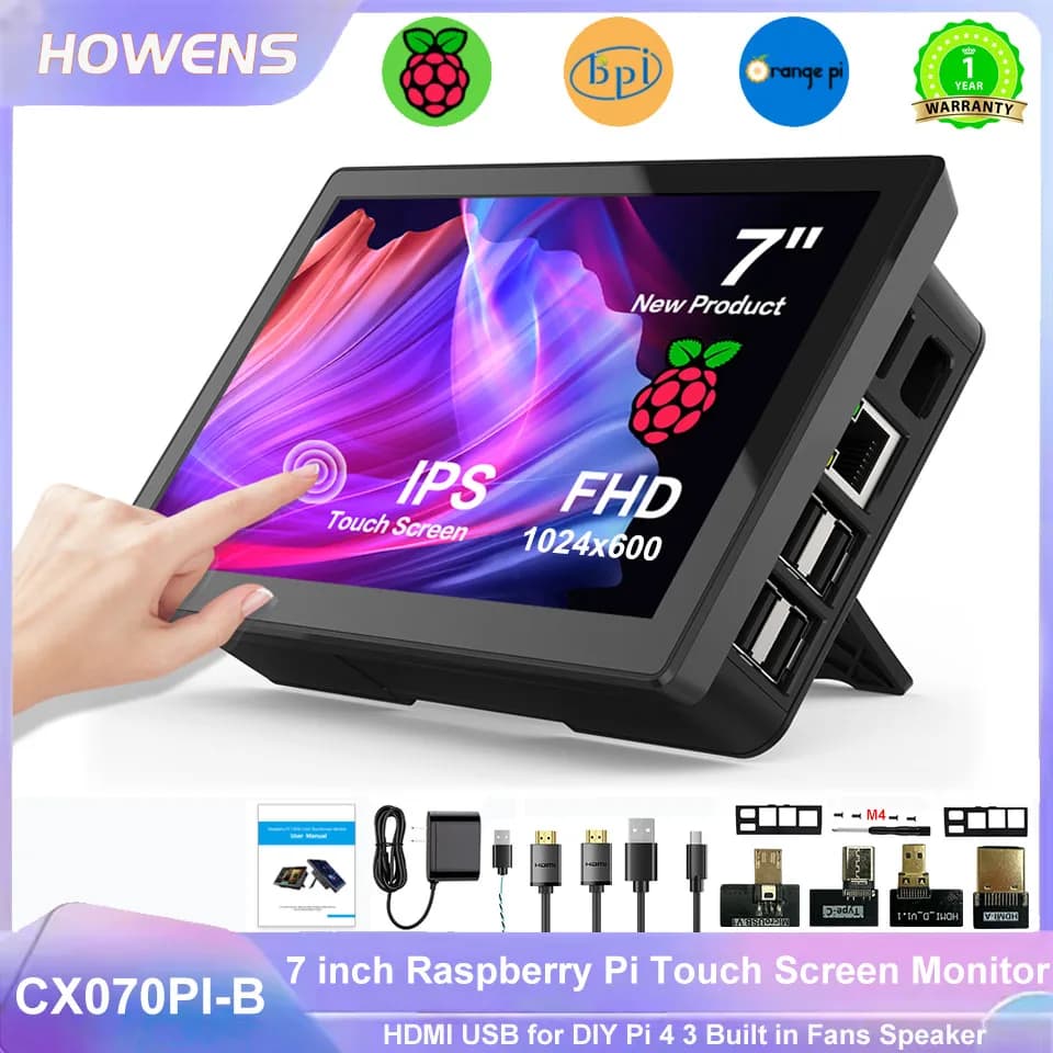 7-inch Touch Screen Monitor for Raspberry Pi 5 4B 3B+ 3B, IPS Display 1024*600 LCD with MIPI Cable, Monitor Standard for RPI 5 Pi5