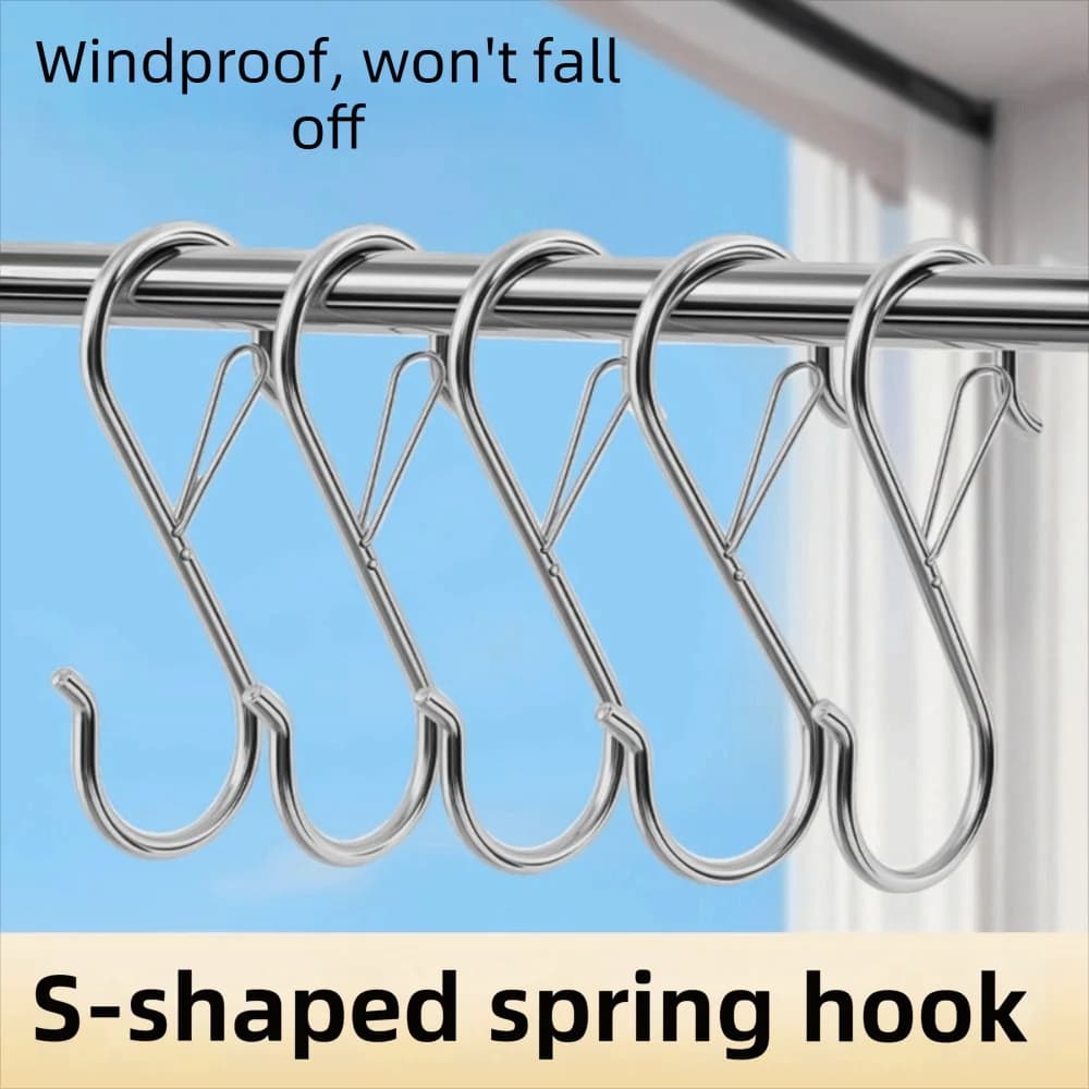 10 Pezzi Ganci a Molla a Forma di S per Balcone, Appendiabiti Antivento, Ganci per Pentole da Cucina, in Acciaio Inossidabile Rinforzato