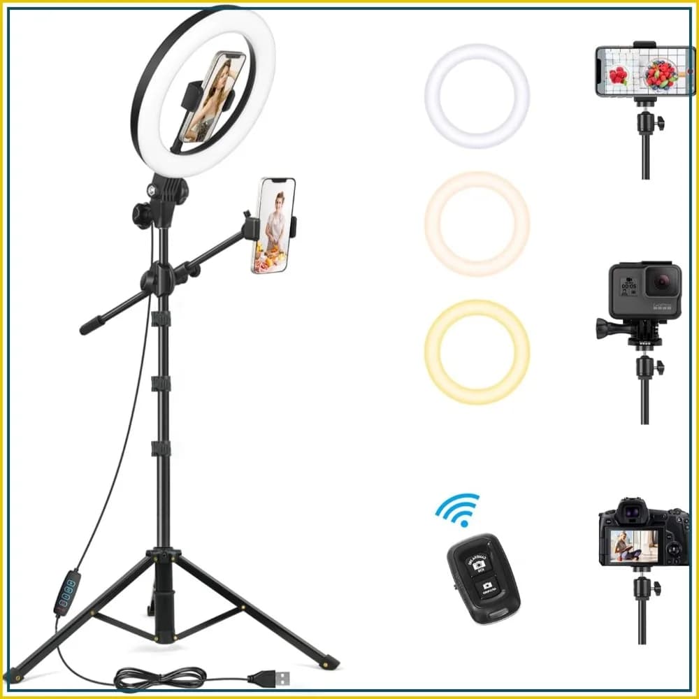 10.5" Ring Light with 62" Tripod Stand for Video Recording, Overhead Phone Mount for YouTube, Makeup, Cooking