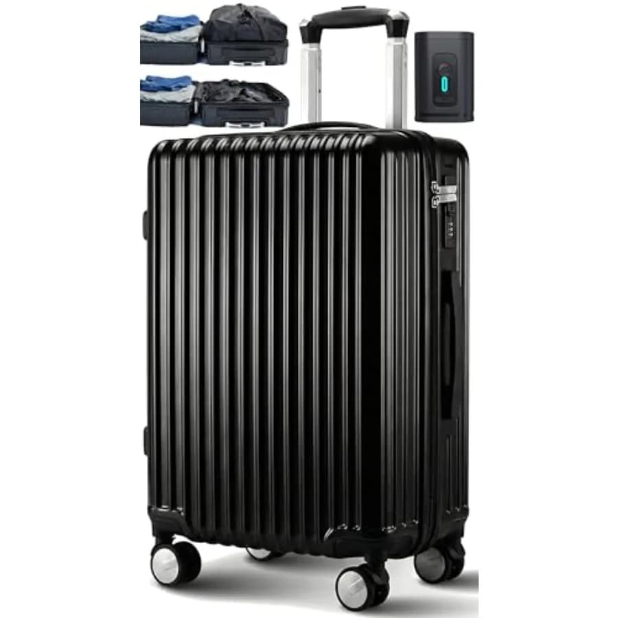 Vacuum Compression Carry-On Luggage, With 360 Degree Wheels and Retractable Handle 21 Inch, Hardshell Suitcase, Up to 25% More