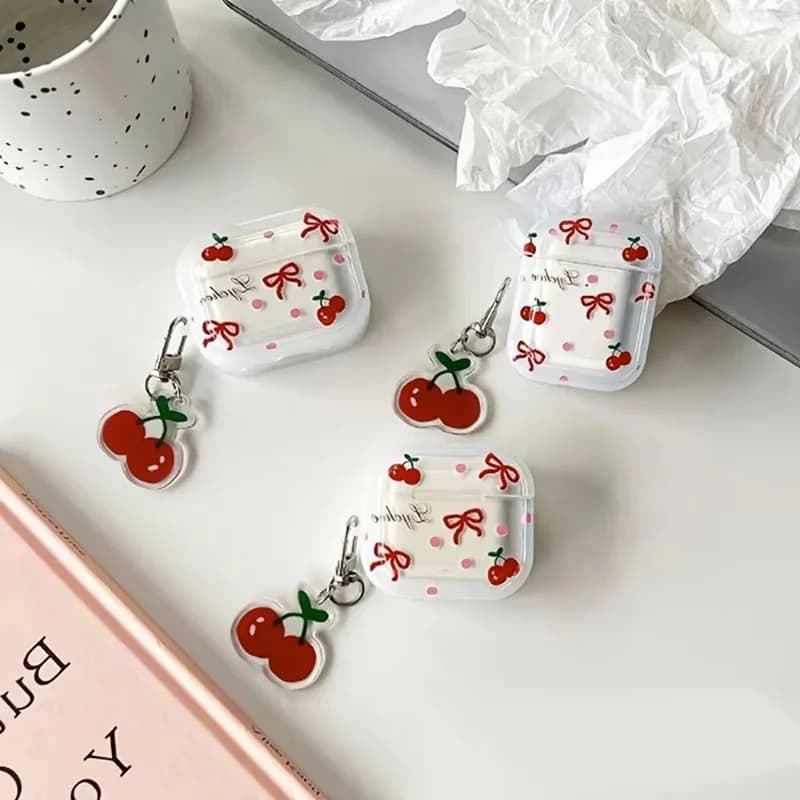 Cherry Bow Earphones Case For AirPods 1/2/3/4/Pro 1/Pro 2 Soft Silicone Cover With Pendant Keychain Silicone Shell Accessories