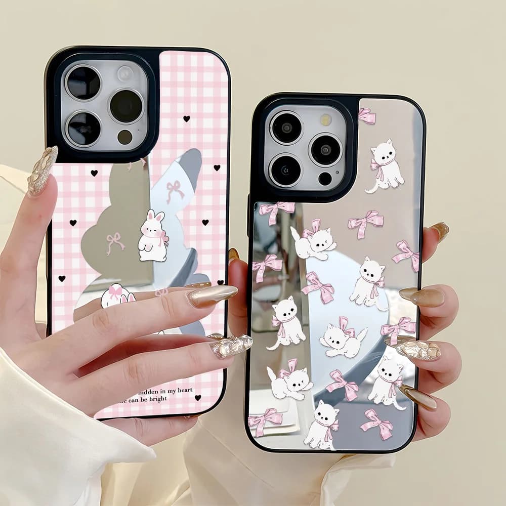 Custodia per telefono a specchio con gatto carino animale del fumetto per iPhone 16 Pro Custodia per iPhone 14 13 15 11 12 17 Pro Max Custodia morbida in silicone antiurto
