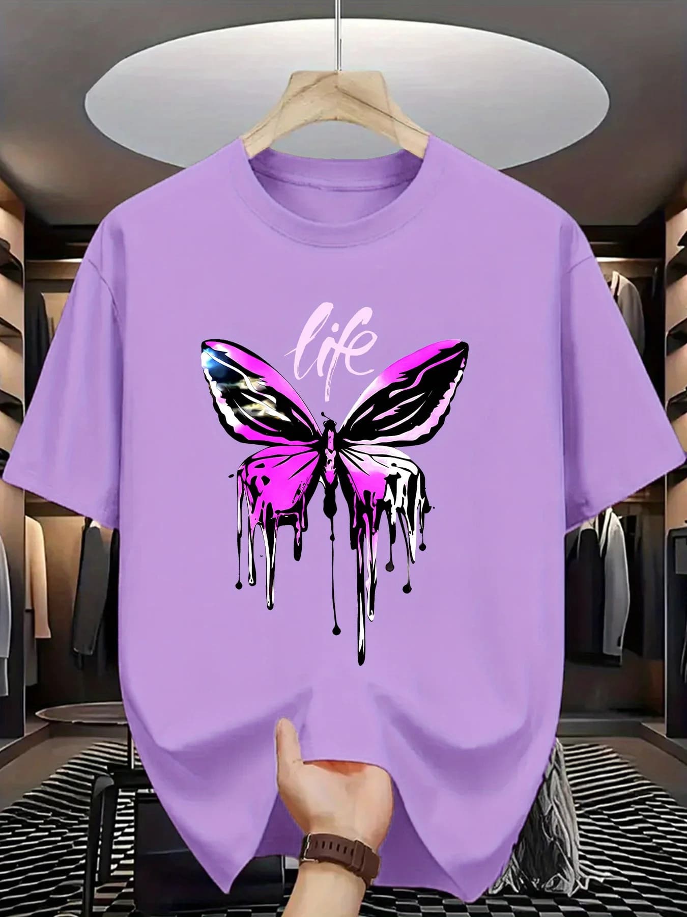 (180g Polyester Men's T-Shirt) Casual Printed Summer Sports Fashion - "Life" Dripping Butterfly Graphic Print T-Shirt, Comfortable and Versatile Men, Minimalist Men, Trendy and Versatile for All Seasons, Suitable for Gym, Short Sleeve Pullover