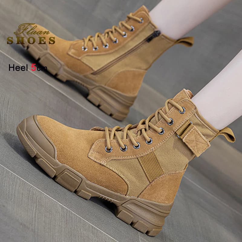 Stivaletti da donna invernali 2025 Stivaletti corti con lacci Patchwork Piattaforma in tela Stivali da donna in vera pelle Scarpe da trekking all'aperto