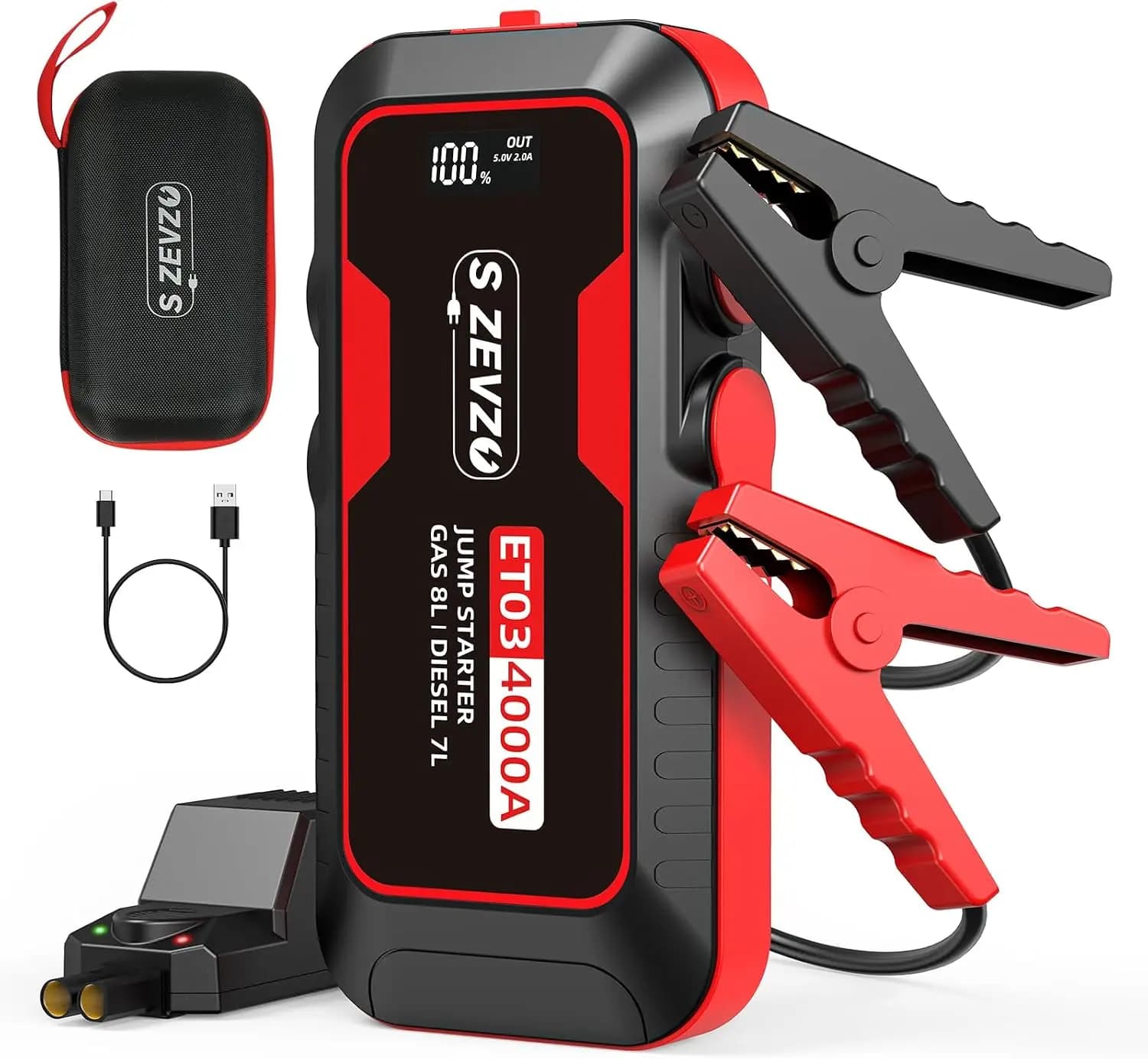 4000A Car Jump Starter for 8.0L Gas/7.0L Diesel, 74Wh Portable Power Bank with LCD, LED Light, and Case