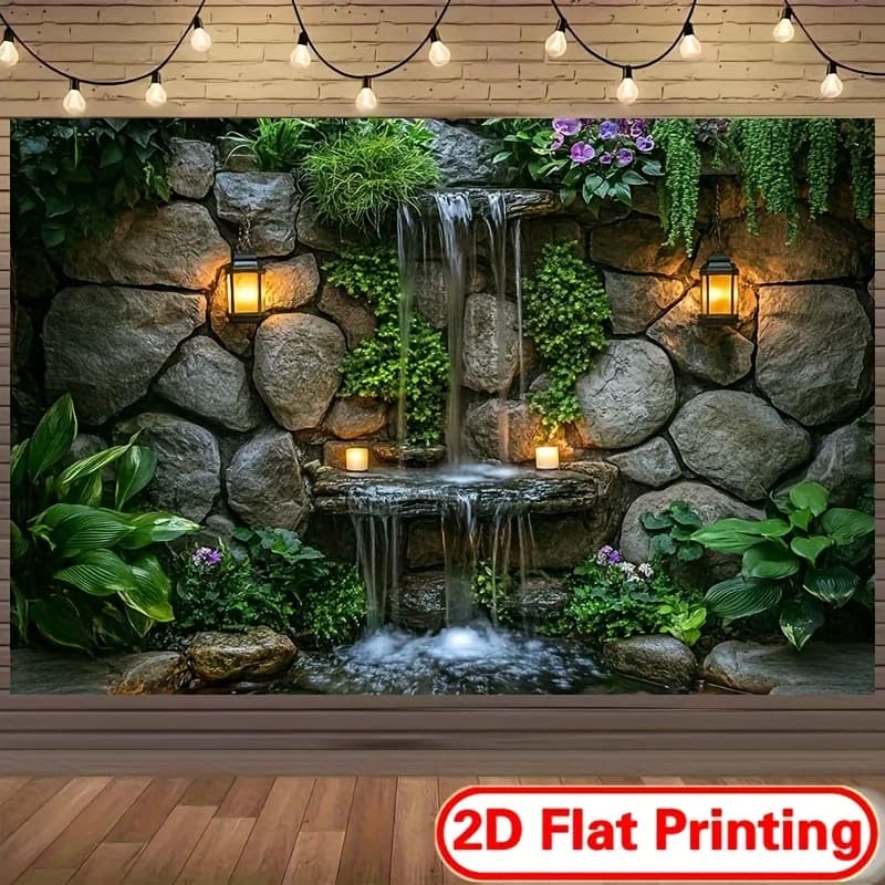 VIKAMA Tapestry a Cascata con Motivo Foresta e Muro di Pietra, Decorazione Murale per Soggiorno, Camera da Letto, Sala da Tè, Live Streaming, Arredamento Casa, Tessuto Decorativo