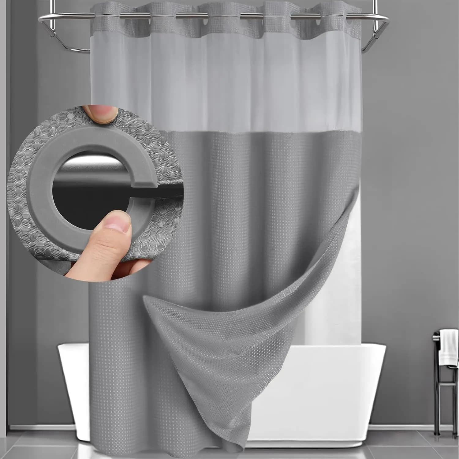 Hookless Shower Curtain Set Double Layer with Liner Removable White Waffle Bath Curtain