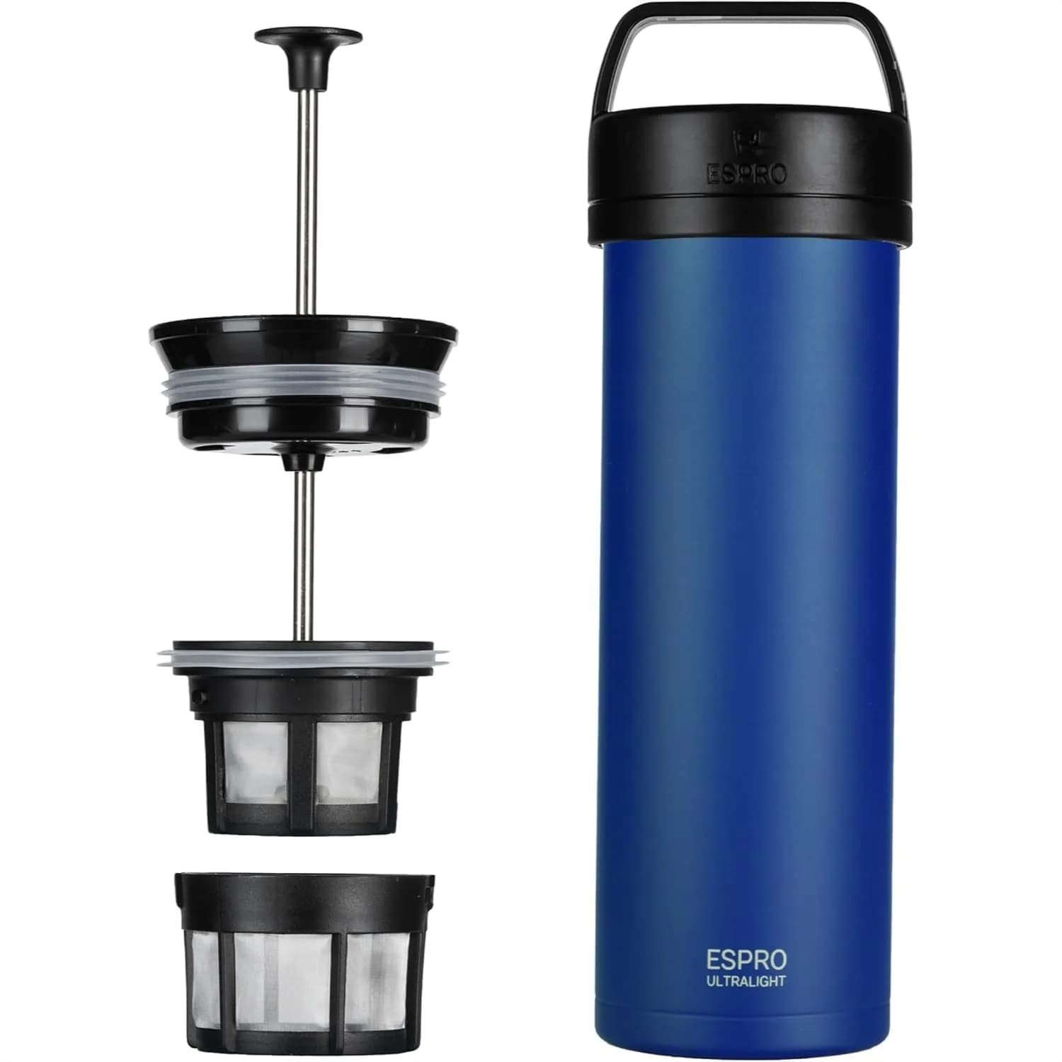 Caffettiera French Press Ultraleggera da Viaggio, in Acciaio Inossidabile con Isolamento Sottovuoto, 16oz, Blu