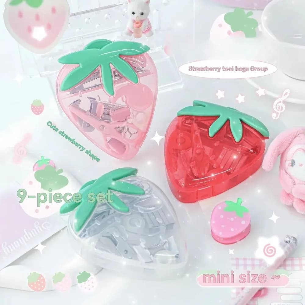 9Pcs/Box Mini Stapler Puncher Tool Set Lightweight with Strawberry Box Stapler Storage Stationery Student Specific Tool Set