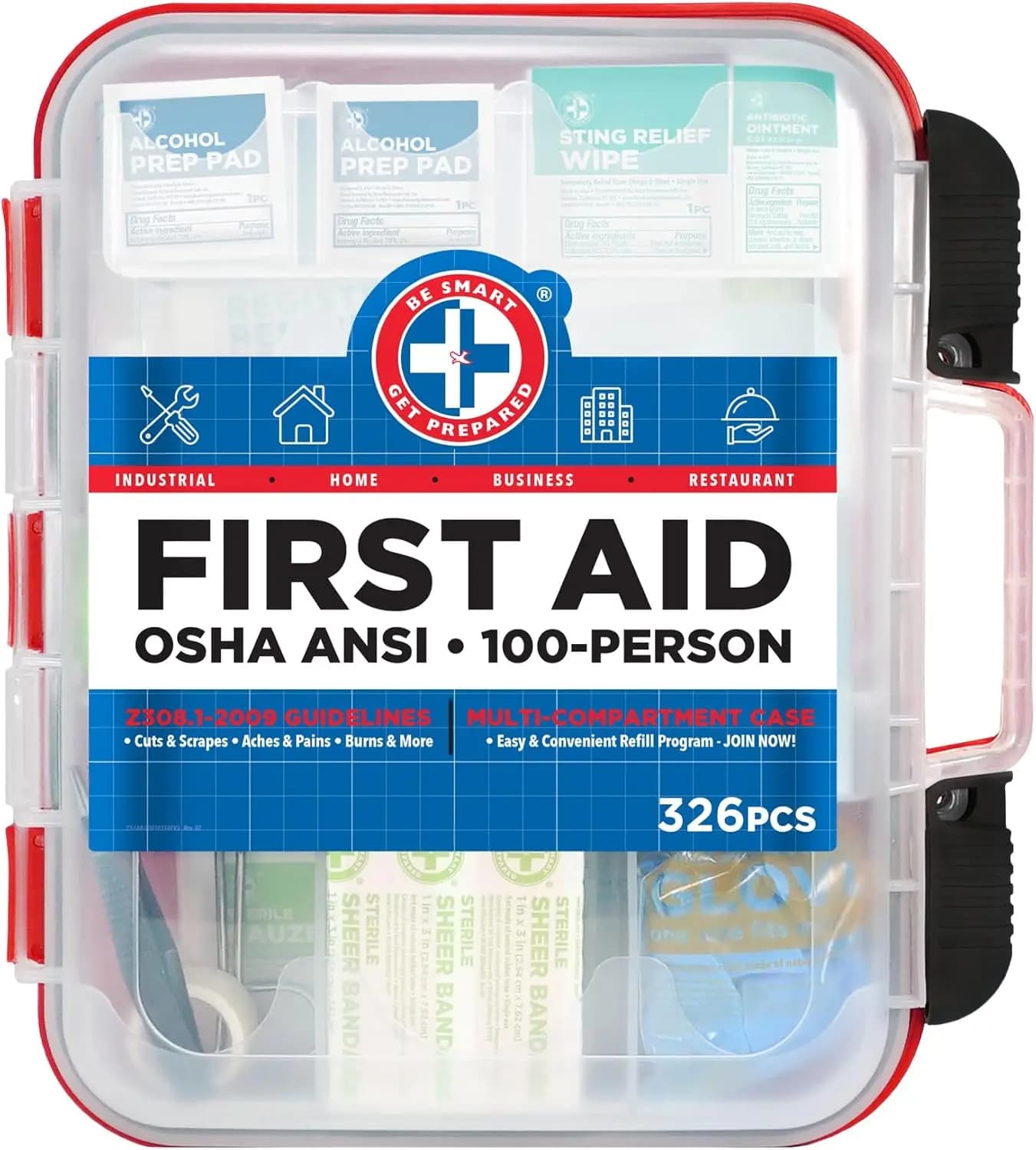 Kit di Pronto Soccorso da 326 Pezzi con Valigetta Rigida Rossa, Conforme agli Standard OSHA/ANSI per 100 Persone - Ideale per Ufficio, Casa, Auto e Uso Esterno