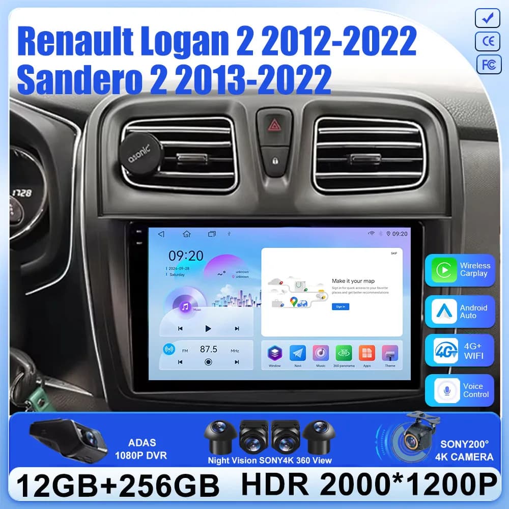 Autoradio Android 16 con Carplay per Renault Logan 2 Sandero 2 2012-2019, Lettore Multimediale Stereo GPS WIFI DPS