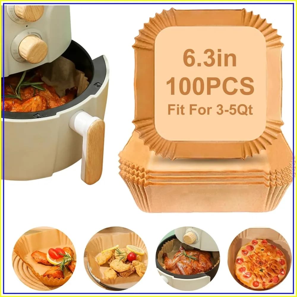 100 Pezzi di Fogli di Carta da Forno Monouso per Friggitrice ad Aria, Antiaderenti, Quadrati da 6,3 Pollici, Grado Alimentare per Forno e Microonde
