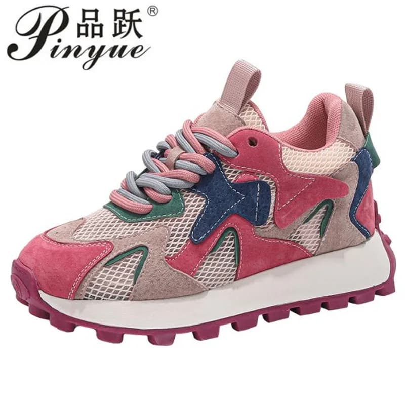 7cm Air Mesh Genuine Leather Chunky Sneaker Sandals Women Breathable Comfy Summer Flats Boots Mixed Color Fashion Shoes 35-40