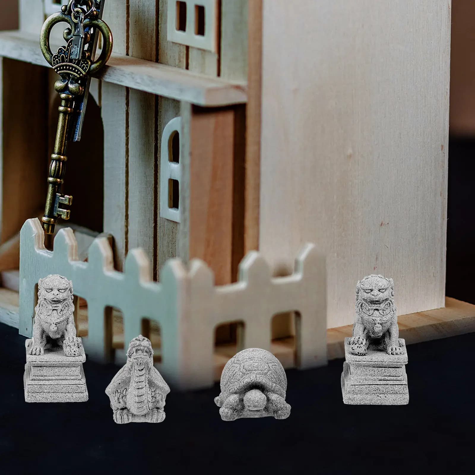 Set di 4 Statuette in Arenaria di Leoni e Tartarughe Guardiani in Stile Cinese, Decorazioni per Giardino e Ornamenti per Vasi di Bonsai