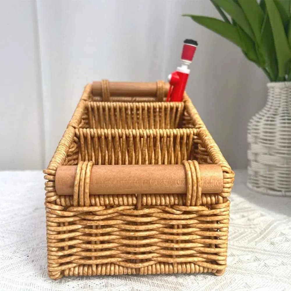 Multi-porpose Compartmentalized Storage Box Brown Plastic Sundries Organization Box Bevel Step Divided Grids Weaving Basket