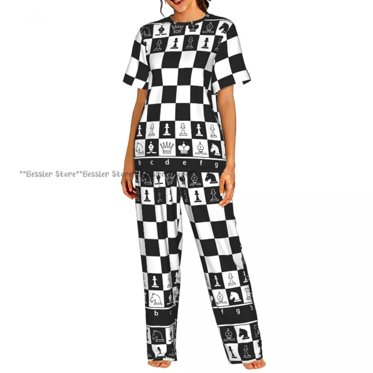 Black and white chess women's pajamas set, short sleeves, 2 pieces, homewear and leisure
