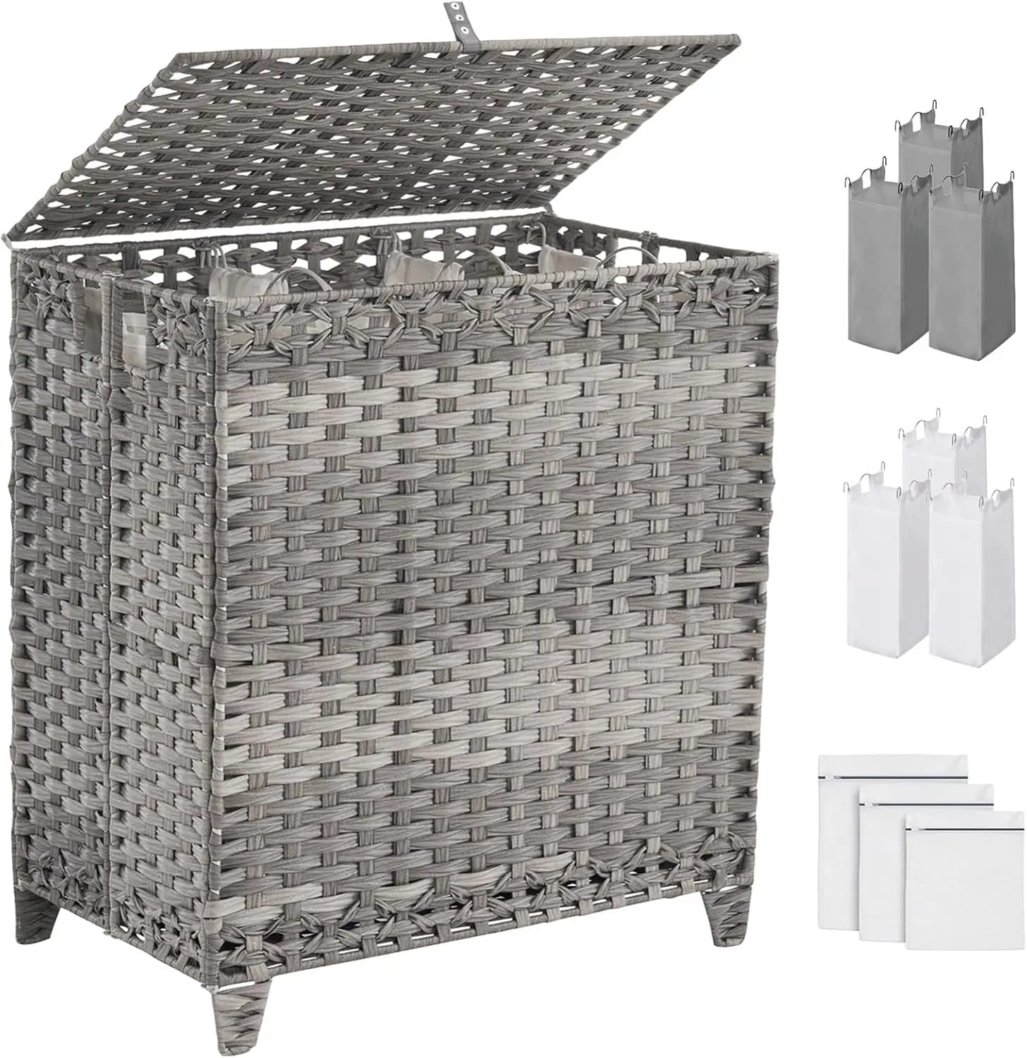 Cesto Portabiancheria con Coperchio 190L, Grande Cesto per Bucato a 3 Scomparti con 6 Sacchi Rimovibili, 3 Sacchi in Rete, in Rattan Intrecciato a Mano